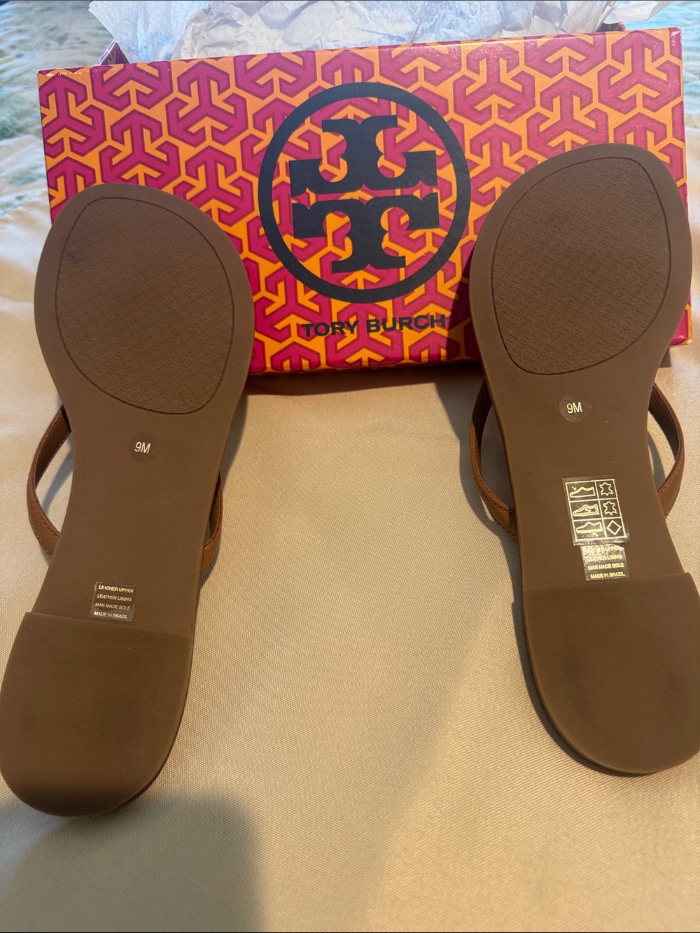 Tory Burch Brown Leather Logo Thong Sandals with Gold Accent - Picture 3 of 5